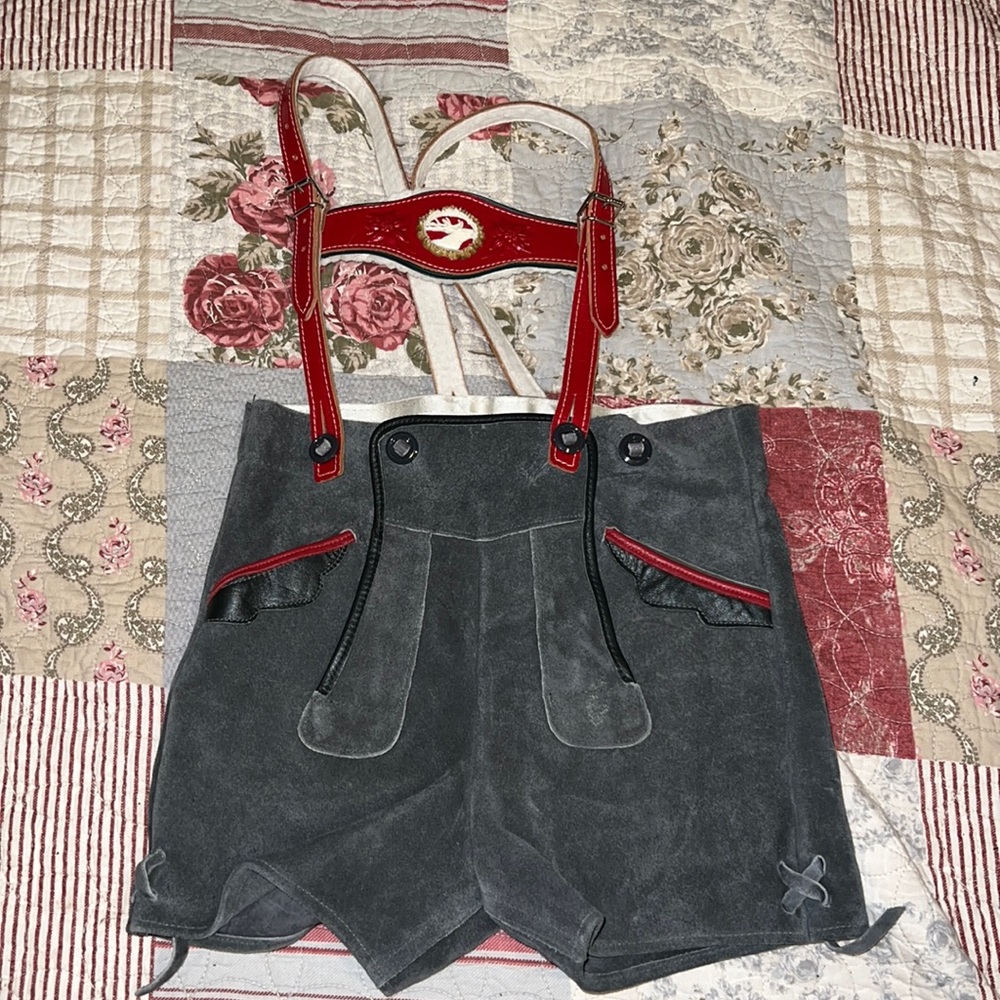 German lederhosen gray suede leather red leather straps kids Octoberfest